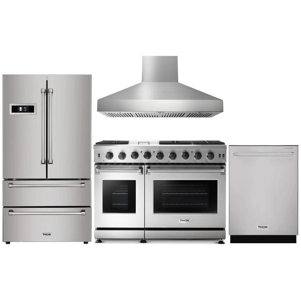 Thor Kitchen 4-Piece Appliance Package - 48" Gas Range, Pro Wall Mount Hood, French Door Refrigerator, and Dishwasher in Stainless Steel Appliance Package Thor Kitchen 