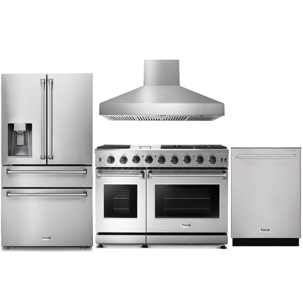 Thor Kitchen 4-Piece Appliance Package - 48-Inch Gas Range, Pro Wall Mount Hood, Refrigerator with Water Dispenser, & Dishwasher in Stainless Steel Appliance Package Thor Kitchen 