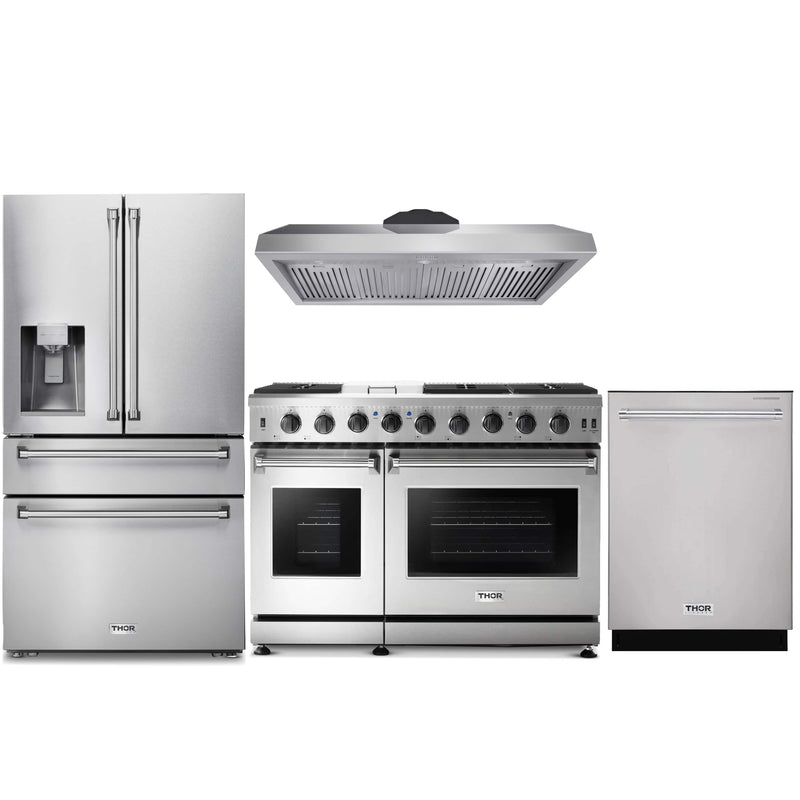 Thor Kitchen 4-Piece Appliance Package - 48-Inch Gas Range, Refrigerator with Water Dispenser, & Dishwasher in Stainless Steel Appliance Package Thor Kitchen Natural Gas 11" Height 