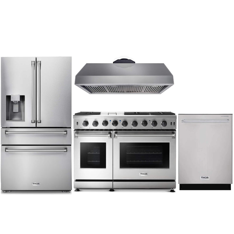 Thor Kitchen 4-Piece Appliance Package - 48-Inch Gas Range, Refrigerator with Water Dispenser, & Dishwasher in Stainless Steel Appliance Package Thor Kitchen Natural Gas 16.54" Height 