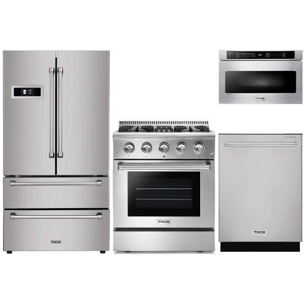 Thor Kitchen 4-Piece Pro Appliance Package - 30" Dual Fuel Range, French Door Refrigerator, Dishwasher, and Microwave Drawer in Stainless Steel Appliance Package Thor Kitchen 