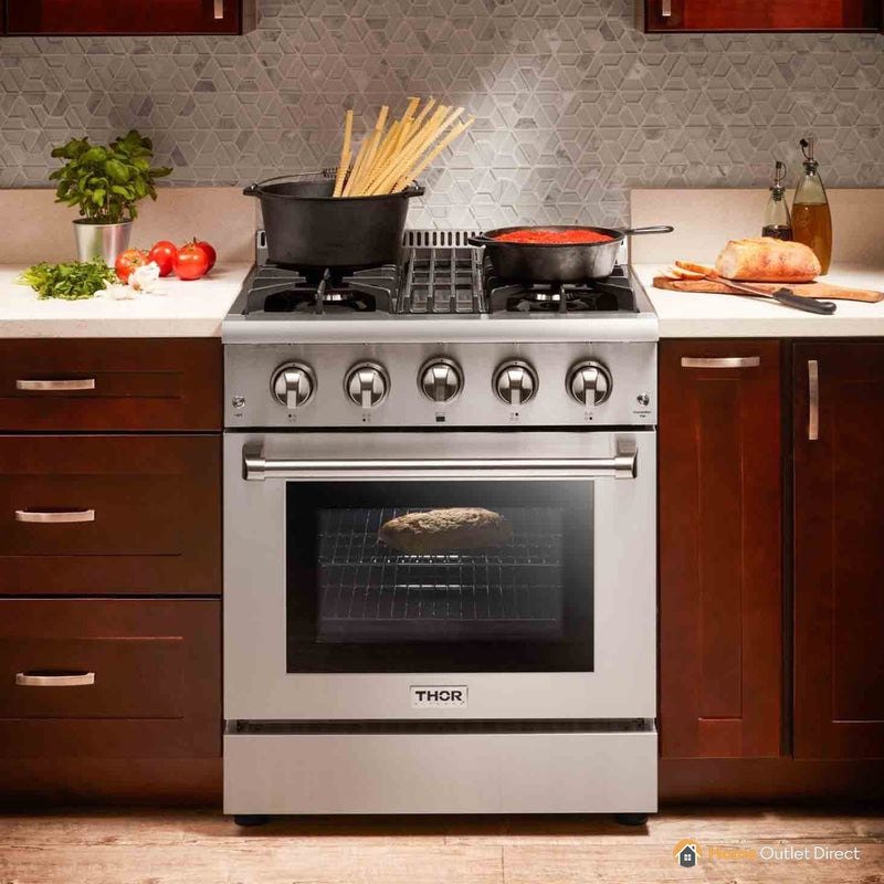 Thor Kitchen 4-Piece Pro Appliance Package - 30" Dual Fuel Range, French Door Refrigerator, Dishwasher, and Microwave Drawer in Stainless Steel Appliance Package Thor Kitchen 
