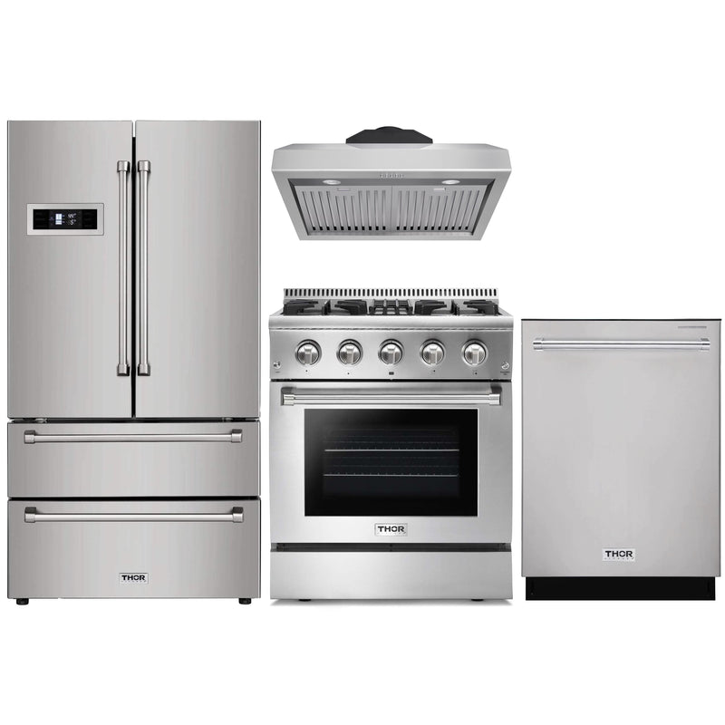 Thor Kitchen 4-Piece Pro Appliance Package - 30" Dual Fuel Range, French Door Refrigerator, Under Cabinet Hood and Dishwasher in Stainless Steel Appliance Package Thor Kitchen 