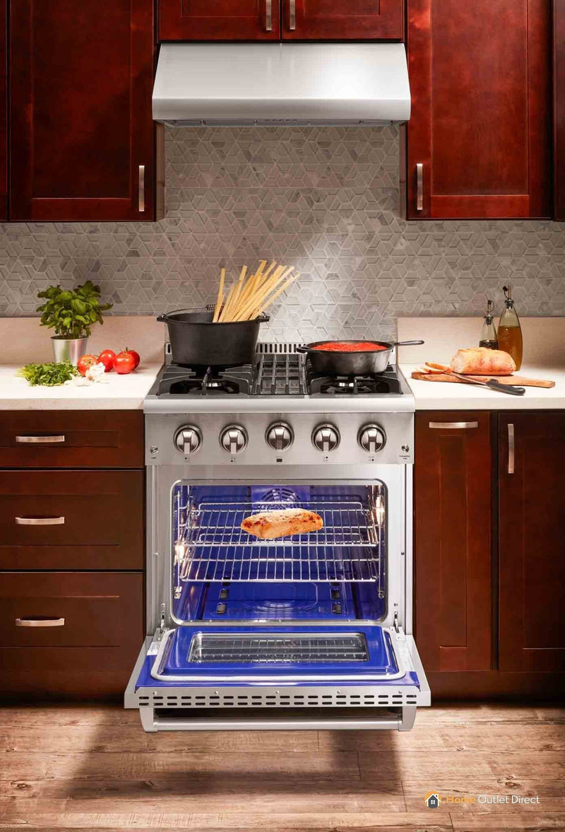 Thor Kitchen 4-Piece Pro Appliance Package - 30" Dual Fuel Range, French Door Refrigerator, Under Cabinet Hood and Dishwasher in Stainless Steel Appliance Package Thor Kitchen 