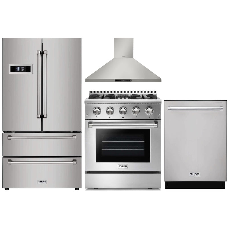Thor Kitchen 4-Piece Pro Appliance Package - 30" Dual Fuel Range, French Door Refrigerator, Wall Mount Hood and Dishwasher in Stainless Steel Appliance Package Thor Kitchen 