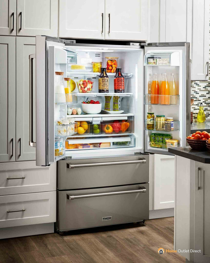 Thor Kitchen 4-Piece Pro Appliance Package - 30" Dual Fuel Range, French Door Refrigerator, Wall Mount Hood and Dishwasher in Stainless Steel Appliance Package Thor Kitchen 