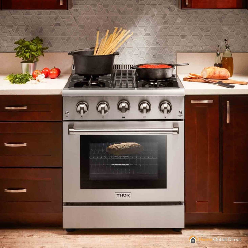 Thor Kitchen 4-Piece Pro Appliance Package - 30" Dual Fuel Range, Refrigerator with Water Dispenser, Dishwasher, and Microwave Drawer in Stainless Steel Appliance Package Thor Kitchen 