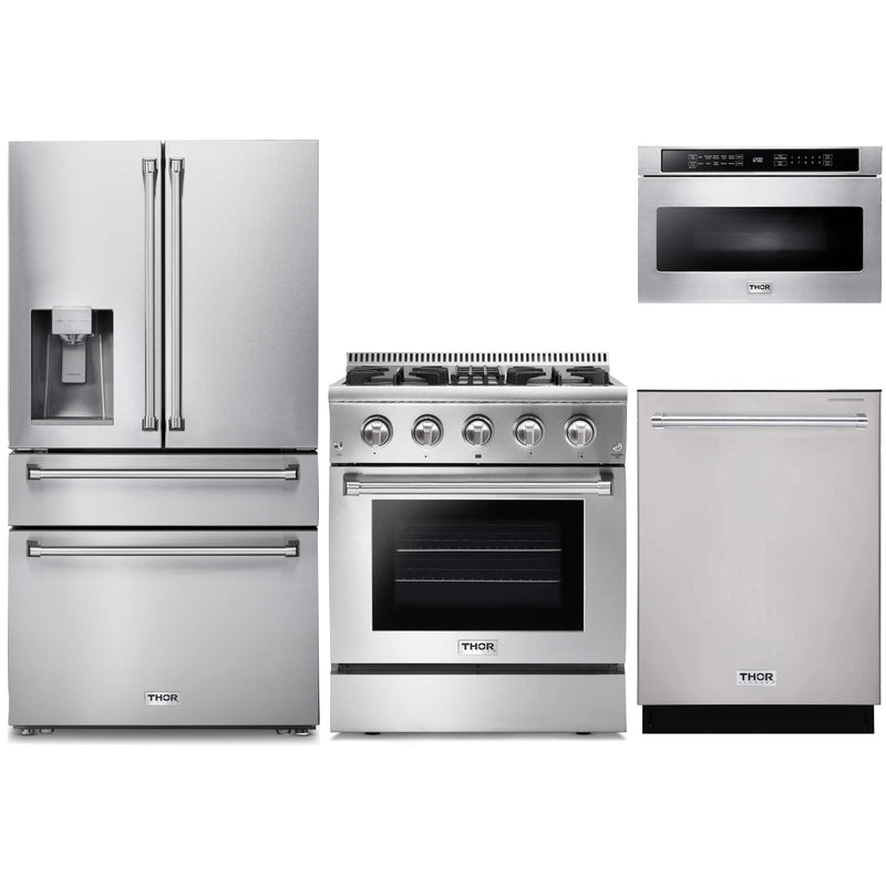 Thor Kitchen 4-Piece Pro Appliance Package - 30" Dual Fuel Range, Refrigerator with Water Dispenser, Dishwasher, and Microwave Drawer in Stainless Steel Appliance Package Thor Kitchen 