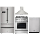 Thor Kitchen 4-Piece Pro Appliance Package - 30" Gas Range, French Door Refrigerator, Wall Mount Hood and Dishwasher in Stainless Steel Appliance Package Thor Kitchen 