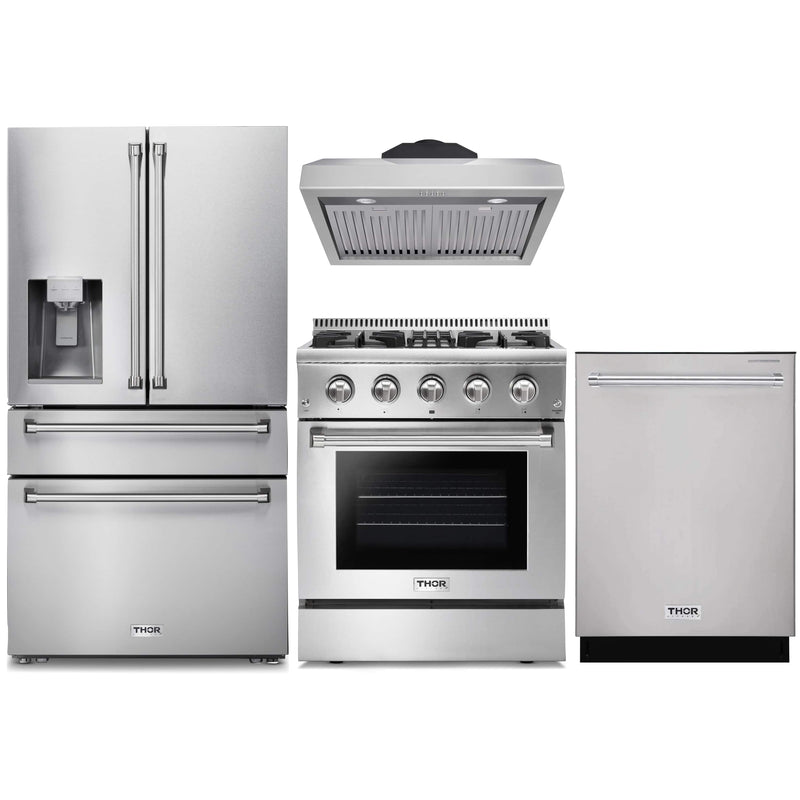 Thor Kitchen 4-Piece Pro Appliance Package - 30-Inch Dual Fuel Range, Refrigerator with Water Dispenser, Under Cabinet Hood & Dishwasher in Stainless Steel Appliance Package Thor Kitchen 