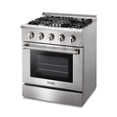 Thor Kitchen 4-Piece Pro Appliance Package - 30-Inch Dual Fuel Range, Refrigerator with Water Dispenser, Wall Mount Hood & Dishwasher in Stainless Steel Appliance Package Thor Kitchen 