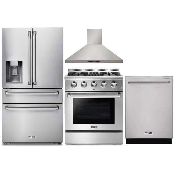 Thor Kitchen 4-Piece Pro Appliance Package - 30-Inch Dual Fuel Range, Refrigerator with Water Dispenser, Wall Mount Hood & Dishwasher in Stainless Steel Appliance Package Thor Kitchen 
