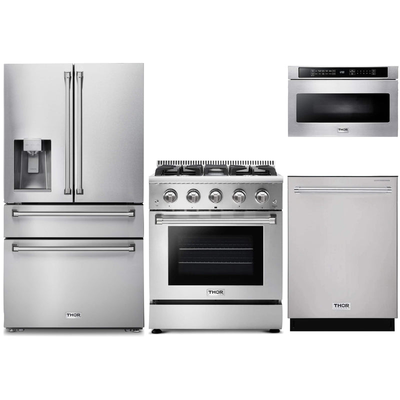 Thor Kitchen 4-Piece Pro Appliance Package - 30-Inch Gas Range, Refrigerator with Water Dispenser, Dishwasher, & Microwave Drawer in Stainless Steel Appliance Package Thor Kitchen 