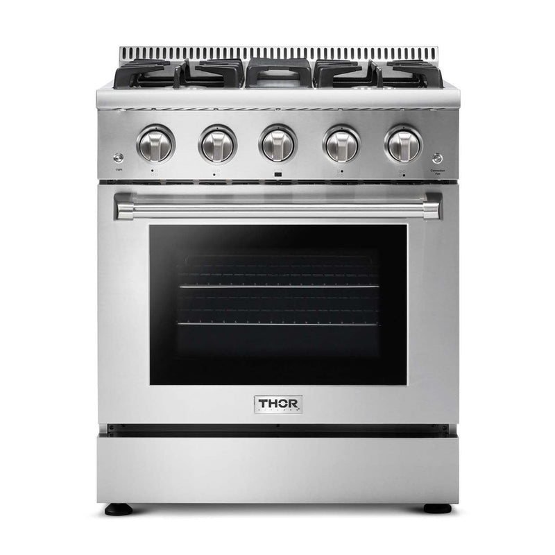 Thor Kitchen 4-Piece Pro Appliance Package - 30-Inch Gas Range, Refrigerator with Water Dispenser, Wall Mount Hood & Dishwasher in Stainless Steel Appliance Package Thor Kitchen 