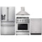 Thor Kitchen 4-Piece Pro Appliance Package - 30-Inch Gas Range, Refrigerator with Water Dispenser, Wall Mount Hood & Dishwasher in Stainless Steel Appliance Package Thor Kitchen 