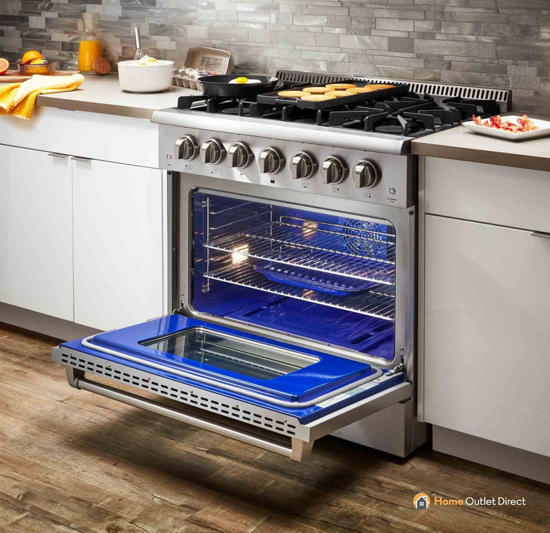 Thor Kitchen 4-Piece Pro Appliance Package - 36" Dual Fuel Range, French Door Refrigerator, Wall Mount Hood and Dishwasher in Stainless Steel Appliance Package Thor Kitchen 