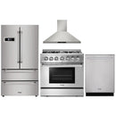 Thor Kitchen 4-Piece Pro Appliance Package - 36" Dual Fuel Range, Refrigerator, Wall Mount Hood and Dishwasher in Stainless Steel