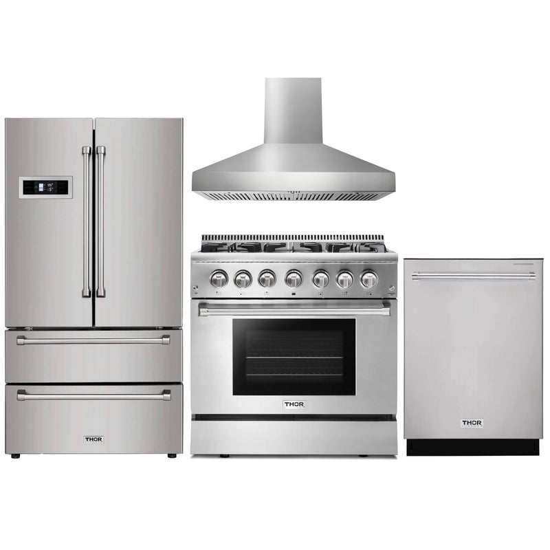 Thor Kitchen 4-Piece Pro Appliance Package - 36" Dual Fuel Range, French Door Refrigerator, Wall Mount Hood and Dishwasher in Stainless Steel Appliance Package Thor Kitchen 