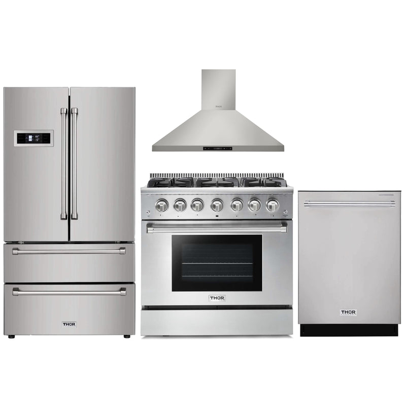 Thor Kitchen 4-Piece Pro Appliance Package - 36" Gas Range, Refrigerator, Wall Mount Hood and Dishwasher in Stainless Steel