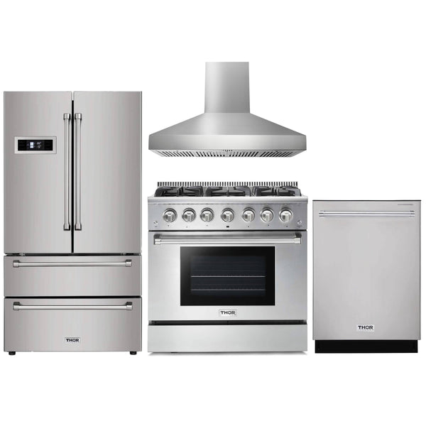 Thor Kitchen 4-Piece Pro Appliance Package - 36" Gas Range, French Door Refrigerator, Wall Mount Hood and Dishwasher in Stainless Steel Appliance Package Thor Kitchen Natural Gas Pro Style 