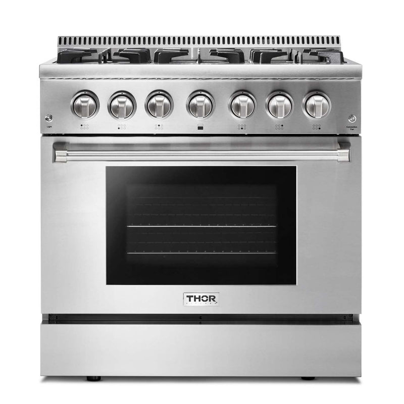 Thor Kitchen 4-Piece Pro Appliance Package - 36-Inch Dual Fuel Range, Refrigerator with Water Dispenser, Dishwasher, & Microwave Drawer in Stainless Steel Appliance Package Thor Kitchen 