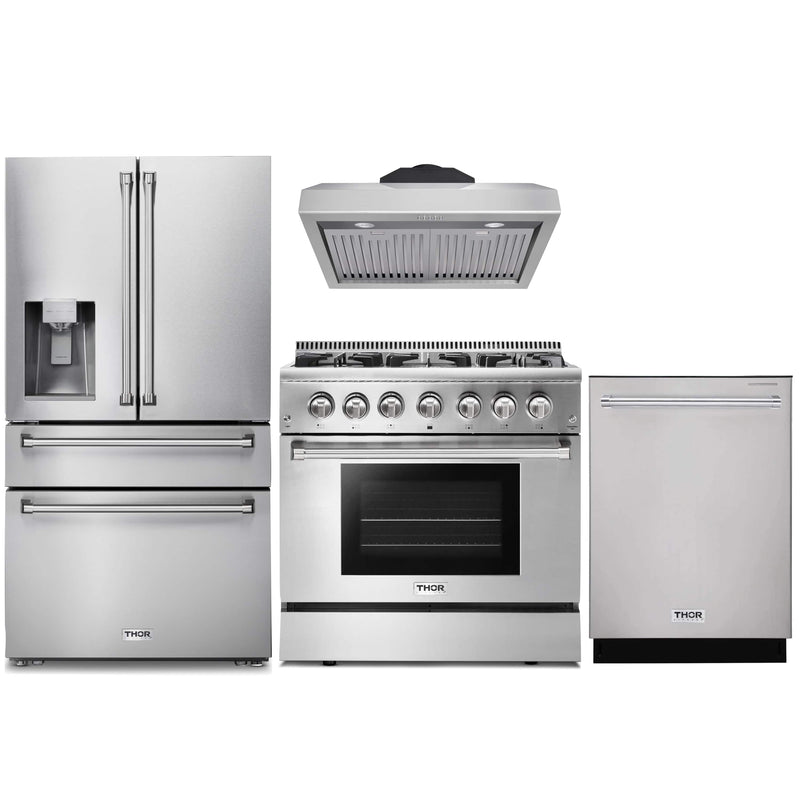 Thor Kitchen 4-Piece Pro Appliance Package - 36-Inch Dual Fuel Range, Refrigerator with Water Dispenser, Under Cabinet Hood & Dishwasher in Stainless Steel Appliance Package Thor Kitchen 