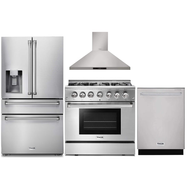 Thor Kitchen 4-Piece Pro Appliance Package - 36-Inch Dual Fuel Range, Refrigerator with Water Dispenser, Wall Mount Hood & Dishwasher in Stainless Steel Appliance Package Thor Kitchen 