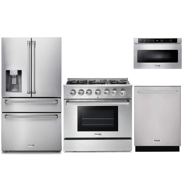 Thor Kitchen 4-Piece Pro Appliance Package - 36-Inch Gas Range, Refrigerator with Water Dispenser, Dishwasher, & Microwave Drawer in Stainless Steel Appliance Package Thor Kitchen 