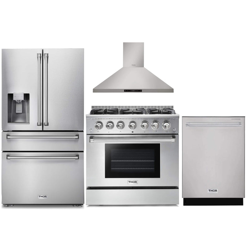 Thor Kitchen 4-Piece Pro Appliance Package - 36-Inch Gas Range, Refrigerator with Water Dispenser, Wall Mount Hood & Dishwasher in Stainless Steel Appliance Package Thor Kitchen 