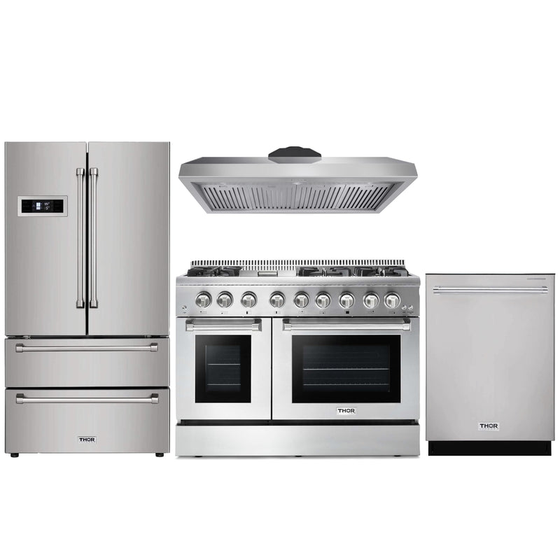 Thor Kitchen 4-Piece Pro Appliance Package - 48" Dual Fuel Range, French Door Refrigerator, and Dishwasher in Stainless Steel Appliance Package Thor Kitchen Natural Gas 11" Height 