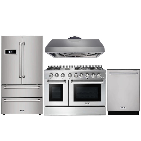 Thor Kitchen 4-Piece Pro Appliance Package - 48" Dual Fuel Range, French Door Refrigerator, and Dishwasher in Stainless Steel Appliance Package Thor Kitchen Natural Gas 16.54" Height 