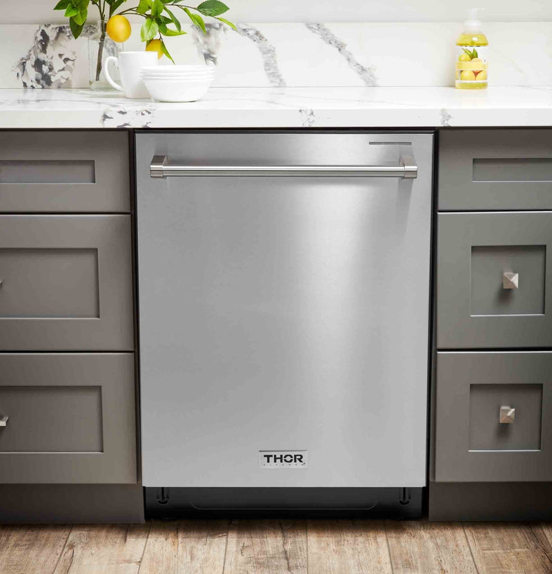 Thor Kitchen 4-Piece Pro Appliance Package - 48" Dual Fuel Range, French Door Refrigerator, Dishwasher, and Microwave Drawer in Stainless Steel Appliance Package Thor Kitchen 