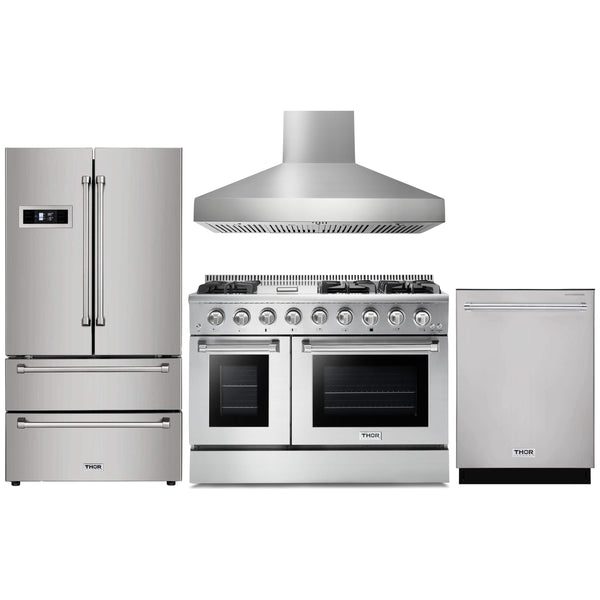 Thor Kitchen 4-Piece Pro Appliance Package - 48" Gas Range, Pro Wall Mount Hood, French Door Refrigerator, and Dishwasher in Stainless Steel Appliance Package Thor Kitchen 