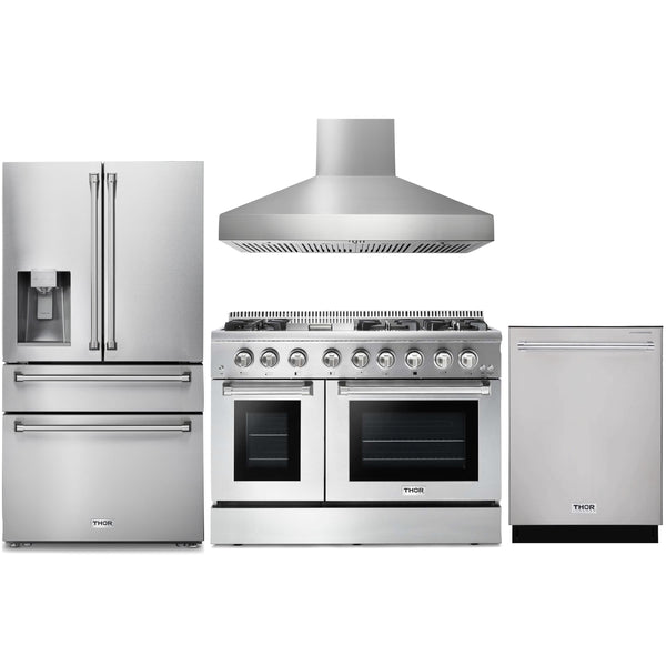 Thor Kitchen 4-Piece Pro Appliance Package - 48-Inch Dual Fuel Range, Pro Wall Mount Hood, Refrigerator with Water Dispenser, & Dishwasher in Stainless Steel Appliance Package Thor Kitchen 