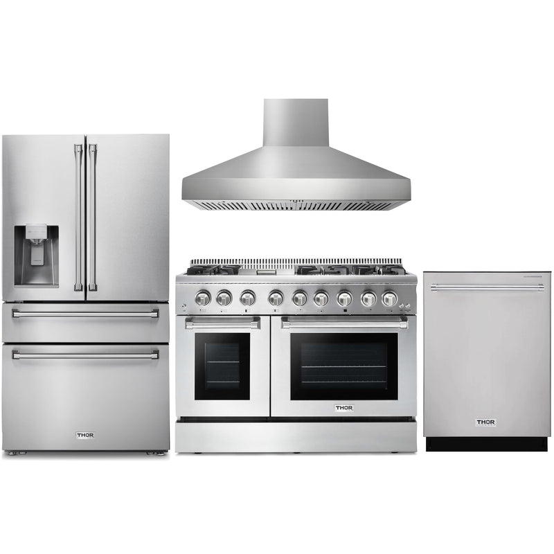 Thor Kitchen 4-Piece Pro Appliance Package - 48-Inch Dual Fuel Range, Pro Wall Mount Hood, Refrigerator with Water Dispenser, & Dishwasher in Stainless Steel Appliance Package Thor Kitchen 