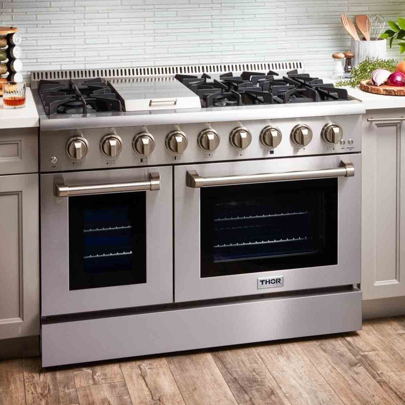 Thor Kitchen 4-Piece Pro Appliance Package - 48-Inch Dual Fuel Range, Refrigerator with Water Dispenser, & Dishwasher in Stainless Steel Appliance Package Thor Kitchen 