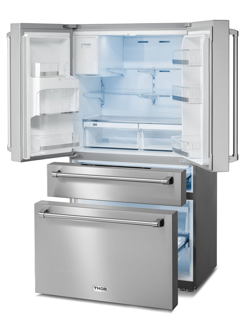 Thor Kitchen 4-Piece Pro Appliance Package - 48-Inch Dual Fuel Range, Refrigerator with Water Dispenser, & Dishwasher in Stainless Steel Appliance Package Thor Kitchen 