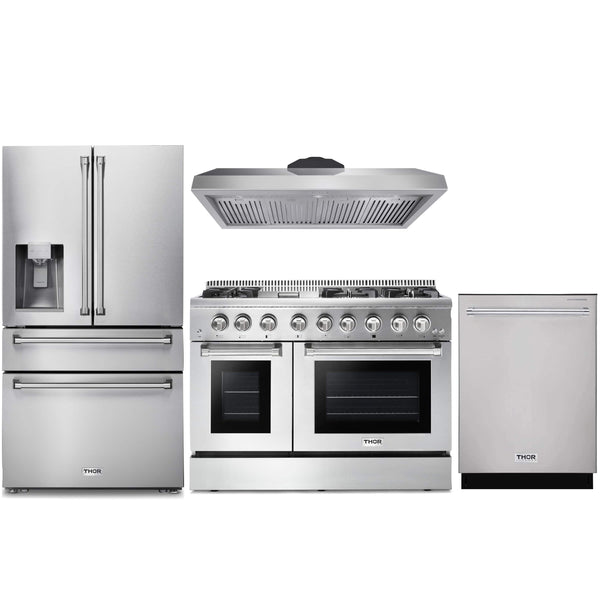 Thor Kitchen 4-Piece Pro Appliance Package - 48-Inch Dual Fuel Range, Refrigerator with Water Dispenser, & Dishwasher in Stainless Steel Appliance Package Thor Kitchen Natural Gas 11" Height 
