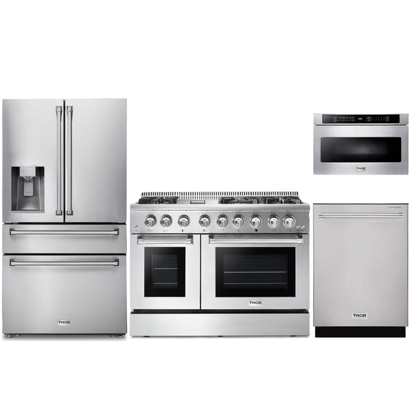 Thor Kitchen 4-Piece Pro Appliance Package - 48-Inch Dual Fuel Range, Refrigerator with Water Dispenser, Dishwasher, & Microwave Drawer in Stainless Steel Appliance Package Thor Kitchen 
