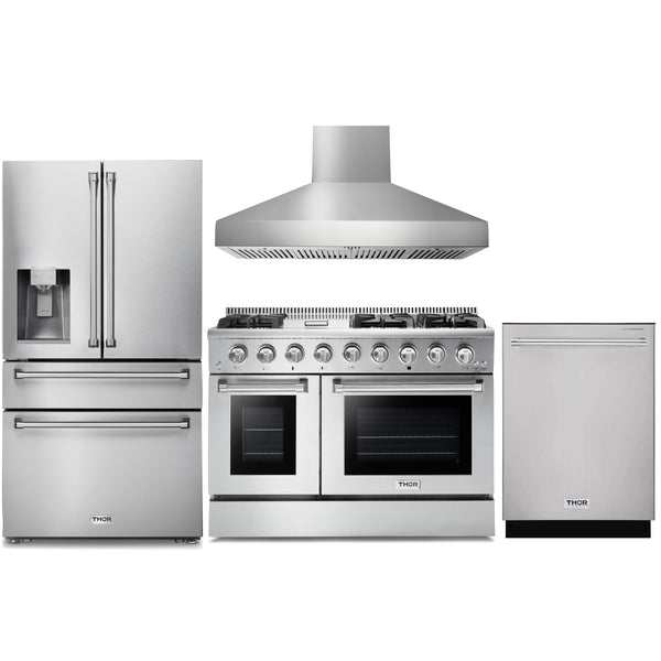 Thor Kitchen 4-Piece Pro Appliance Package - 48-Inch Gas Range, Pro Wall Mount Hood, Refrigerator with Water Dispenser, & Dishwasher in Stainless Steel Appliance Package Thor Kitchen 