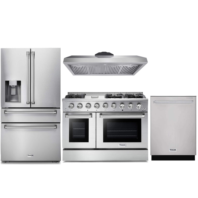 Thor Kitchen 4-Piece Pro Appliance Package - 48-Inch Gas Range, Refrigerator with Water Dispenser, & Dishwasher in Stainless Steel Appliance Package Thor Kitchen Natural Gas 11" Height 