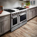 Thor Kitchen 4-Piece Pro Appliance Package - 48-Inch Gas Range, Refrigerator with Water Dispenser, Dishwasher, & Microwave Drawer in Stainless Steel Appliance Package Thor Kitchen 