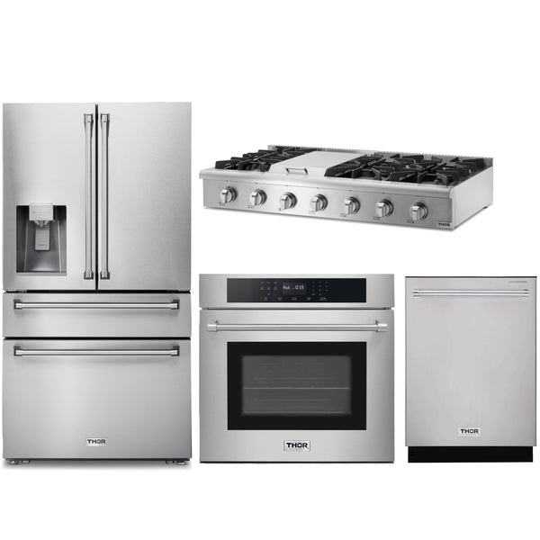 Thor Kitchen 4-Piece Pro Appliance Package - 48" Rangetop, Wall Oven, Dishwasher & Refrigerator with Water Dispenser in Stainless Steel Appliance Package Thor Kitchen 