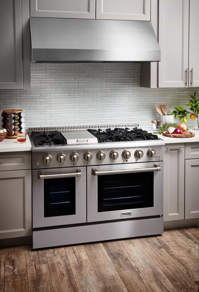 Thor Kitchen 5-Piece Pro Appliance Package - 48" Gas Range, French Door Refrigerator, Dishwasher, Under Cabinet 16.5" Tall Hood, and Microwave Drawer in Stainless Steel