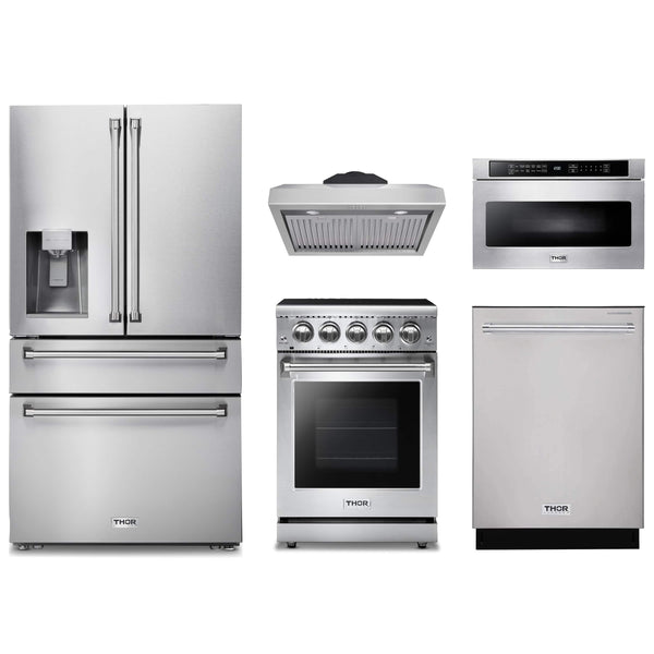 Thor Kitchen 5-Piece Appliance Package - 24-Inch Electric Range, Refrigerator with Water Dispenser, Under Cabinet Hood, Dishwasher, & Microwave Drawer in Stainless Steel Appliance Package Thor Kitchen 