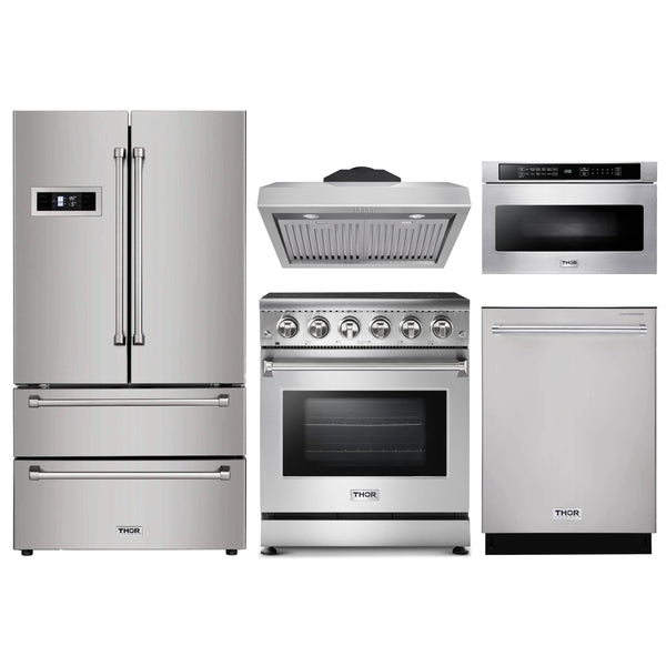 Thor Kitchen 5-Piece Appliance Package - 30" Electric Range, French Door Refrigerator, Under Cabinet Hood, Dishwasher, and Microwave Drawer in Stainless Steel Appliance Package Thor Kitchen 