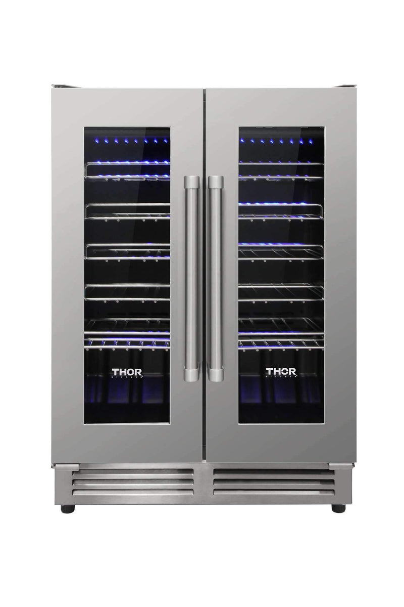 Thor Kitchen 5-Piece Appliance Package - 30" Electric Range, French Door Refrigerator, Wall Mount Hood, Dishwasher, & Wine Cooler in Stainless Steel Appliance Package Thor Kitchen 