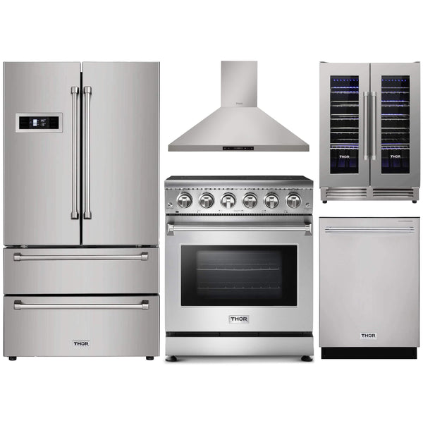 Thor Kitchen 5-Piece Appliance Package - 30" Electric Range, French Door Refrigerator, Wall Mount Hood, Dishwasher, & Wine Cooler in Stainless Steel Appliance Package Thor Kitchen 