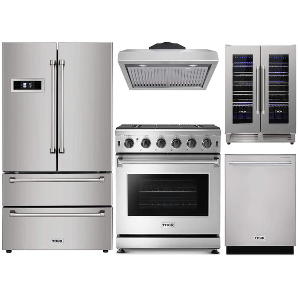 Thor Kitchen 5-Piece Appliance Package - 30" Gas Range, French Door Refrigerator, Under Cabinet Hood, Dishwasher, and Wine Cooler in Stainless Steel Appliance Package Thor Kitchen 