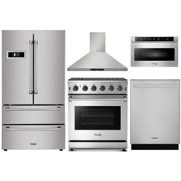 Thor Kitchen 5-Piece Appliance Package - 30" Gas Range, French Door Refrigerator, Wall Mount Hood, Dishwasher, and Microwave Drawer in Stainless Steel Appliance Package Thor Kitchen 